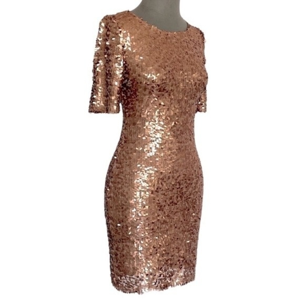 ARK & CO Rose Gold Sequin Bodycon Dress Size 4 Open Back Short Sleeve NWT - Picture 6 of 11